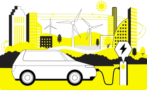 再生可能エネルギーの発電設備が並ぶ街でEVを充電している様子のイラスト